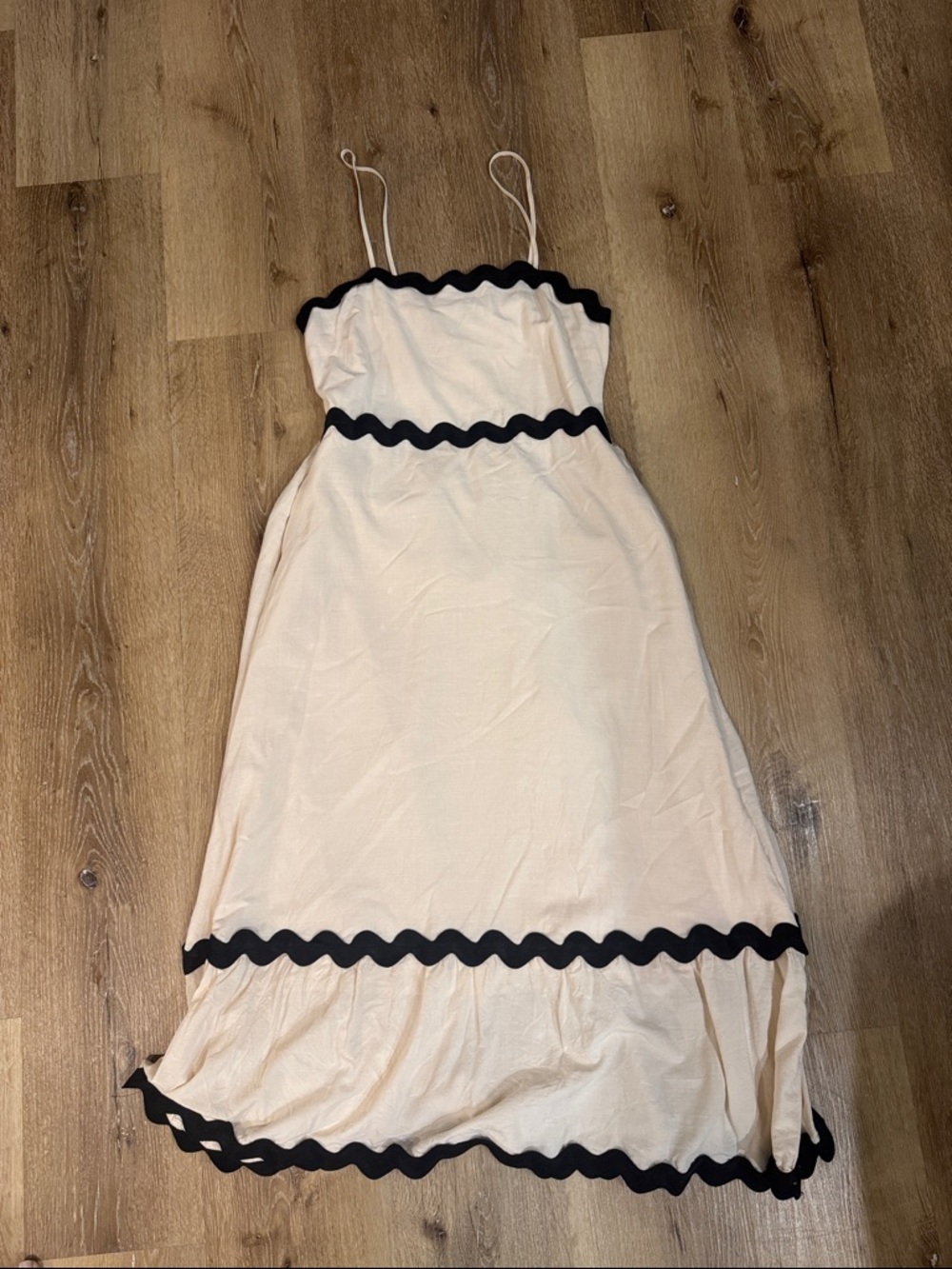 Cream Spaghetti-Strap Dress with Black Ric Rac Trim